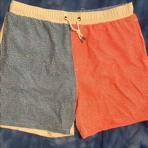 Two-Tone Blue and Red Striped Swim Shorts